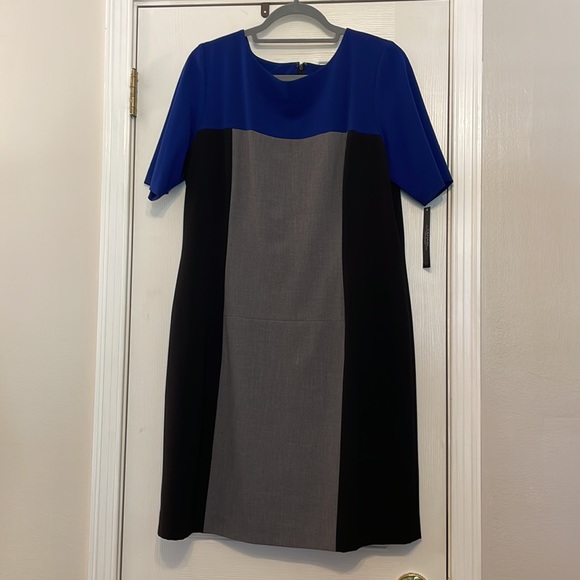 NWT Tahari color block dress in sapphire, charcoal and black - Picture 2 of 9